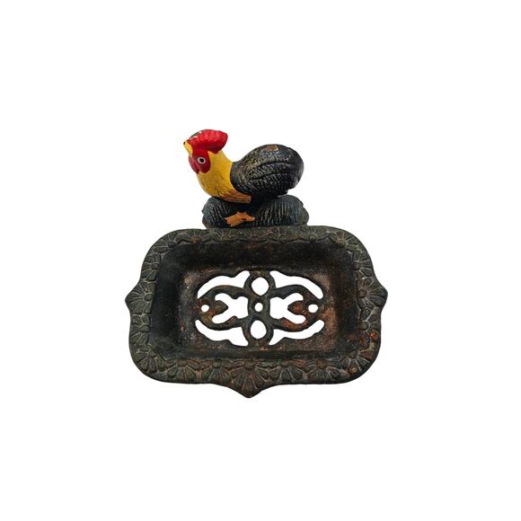 Vintage Cast Iron Rooster Soap Dish for Outdoors Mount Rustic Yellow Rooster Red - Picture 2 of 5